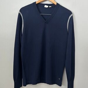 Hugo Boss Orange Sweater Mens Large Navy Blue V-Neck Wool Blend Kiru